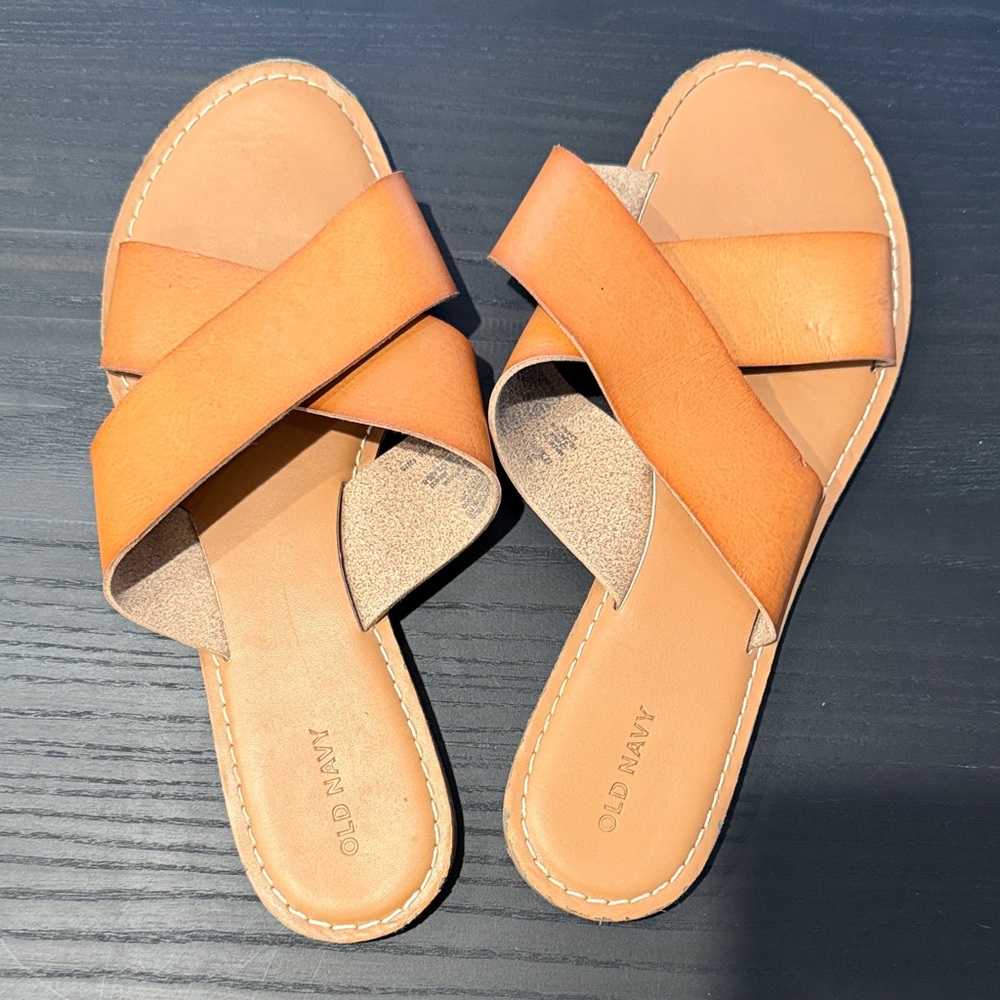 Old Navy Tan Cross-Strap Slide Sandals